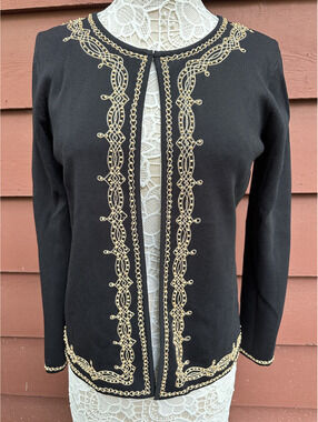 Grace Dane Lewis Black Cardigan with Gold Embroidery Elegant Formal Sweater
